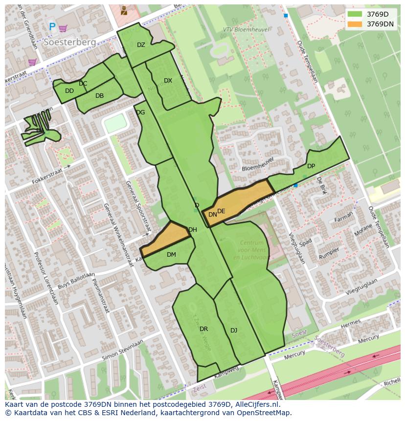 Afbeelding van het postcodegebied 3769 DN op de kaart.