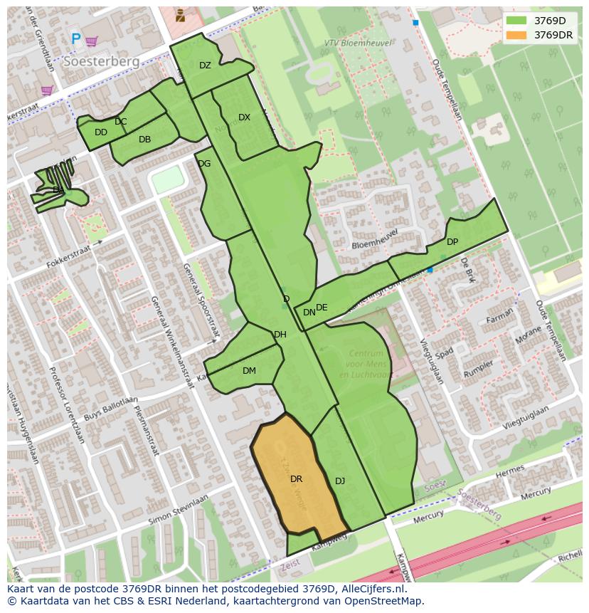 Afbeelding van het postcodegebied 3769 DR op de kaart.