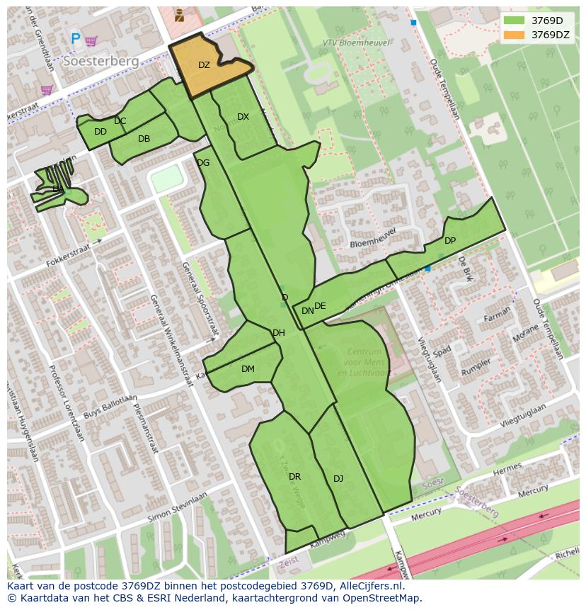 Afbeelding van het postcodegebied 3769 DZ op de kaart.