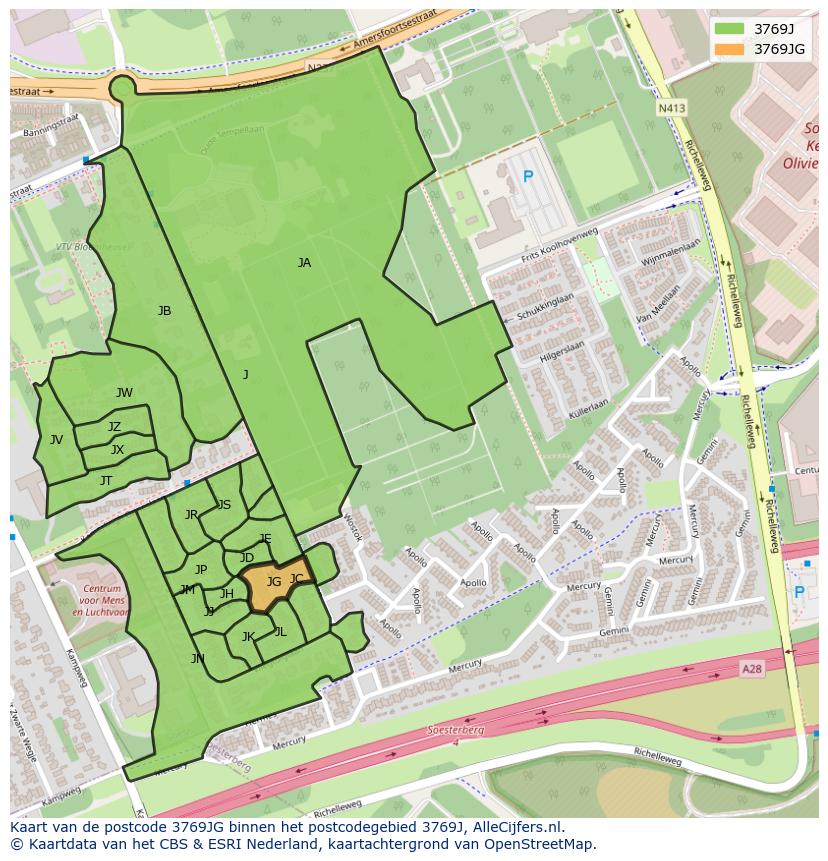 Afbeelding van het postcodegebied 3769 JG op de kaart.