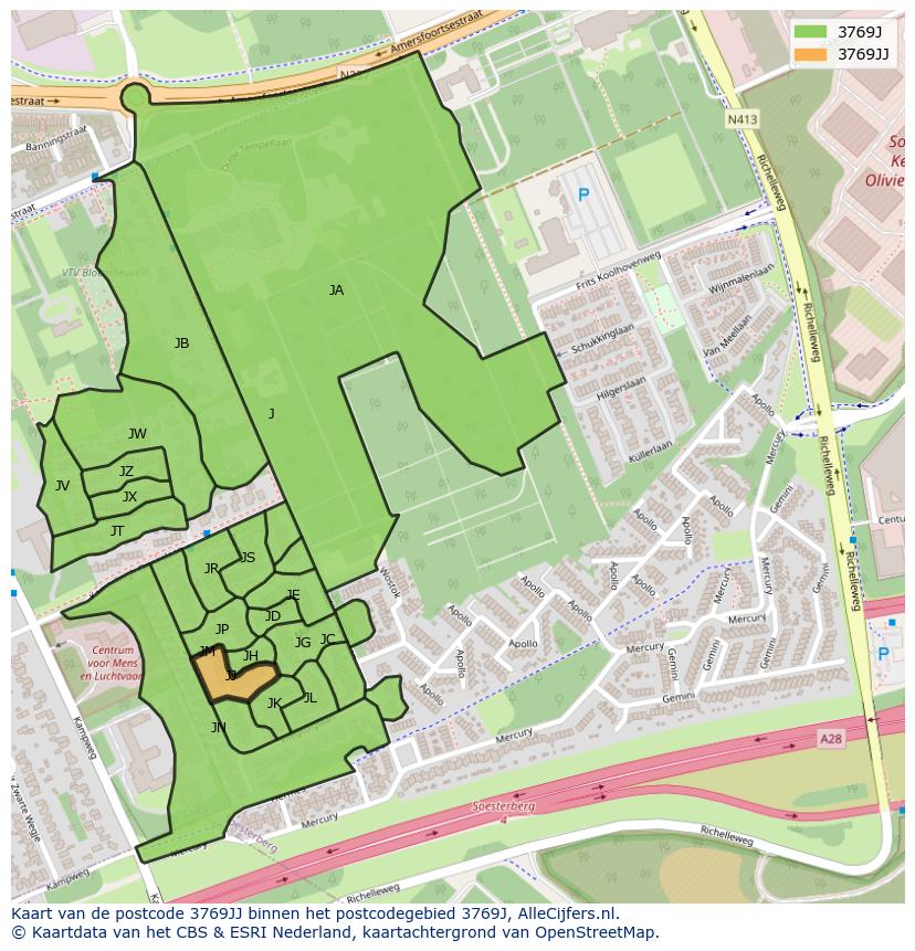 Afbeelding van het postcodegebied 3769 JJ op de kaart.