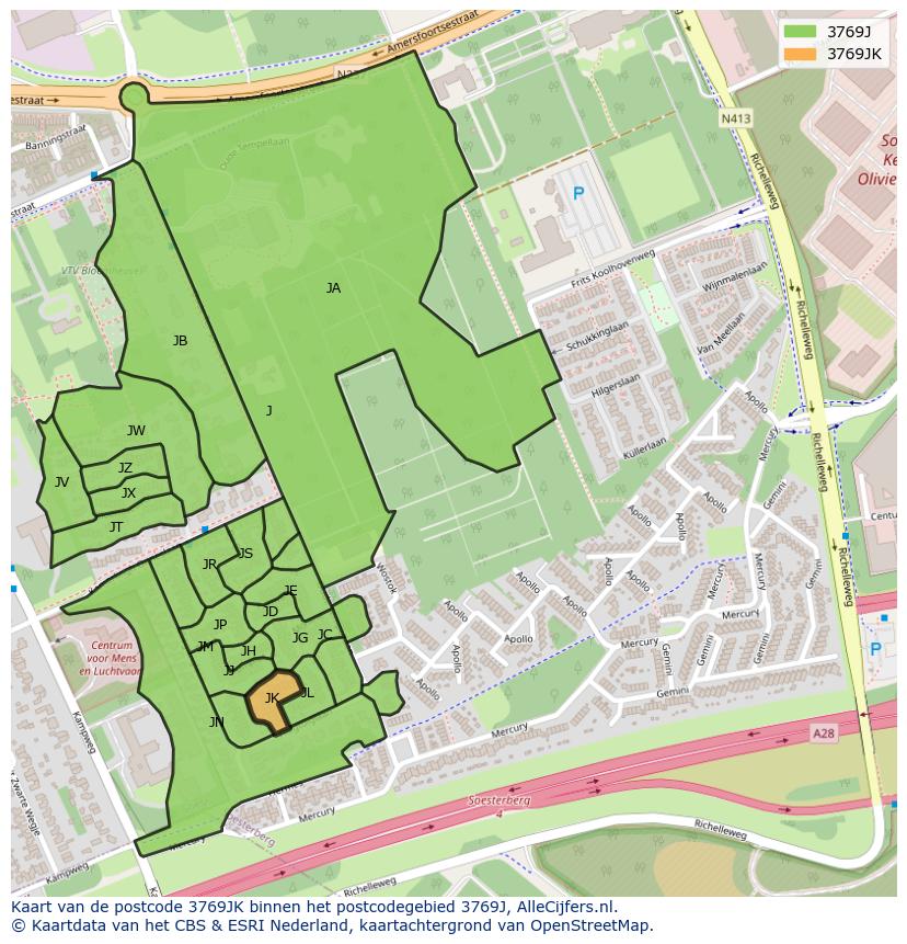 Afbeelding van het postcodegebied 3769 JK op de kaart.