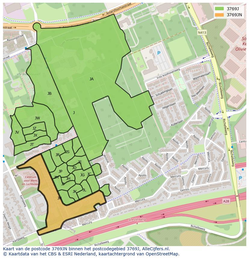 Afbeelding van het postcodegebied 3769 JN op de kaart.