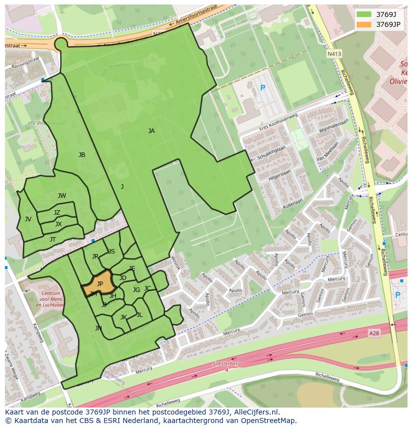 Afbeelding van het postcodegebied 3769 JP op de kaart.