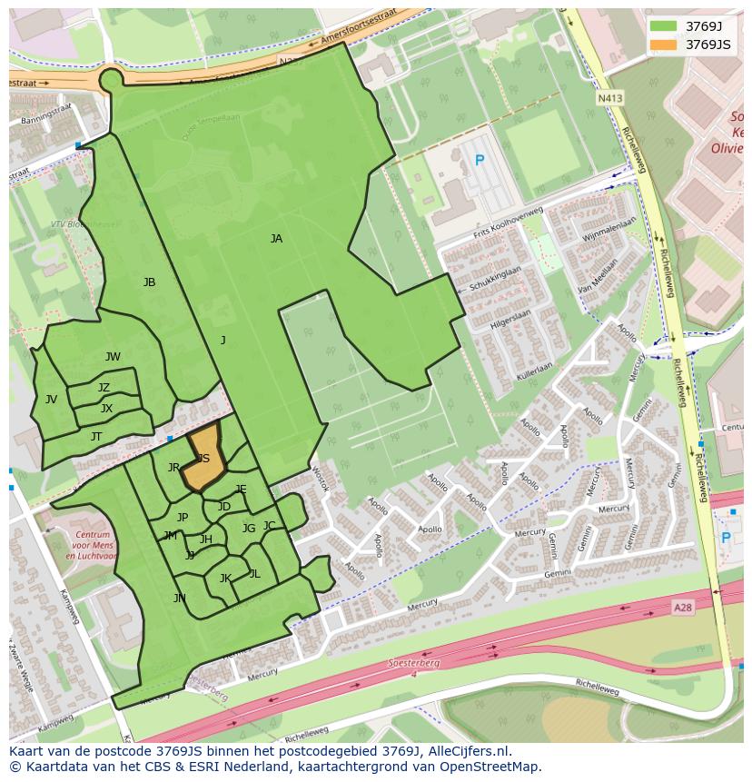 Afbeelding van het postcodegebied 3769 JS op de kaart.