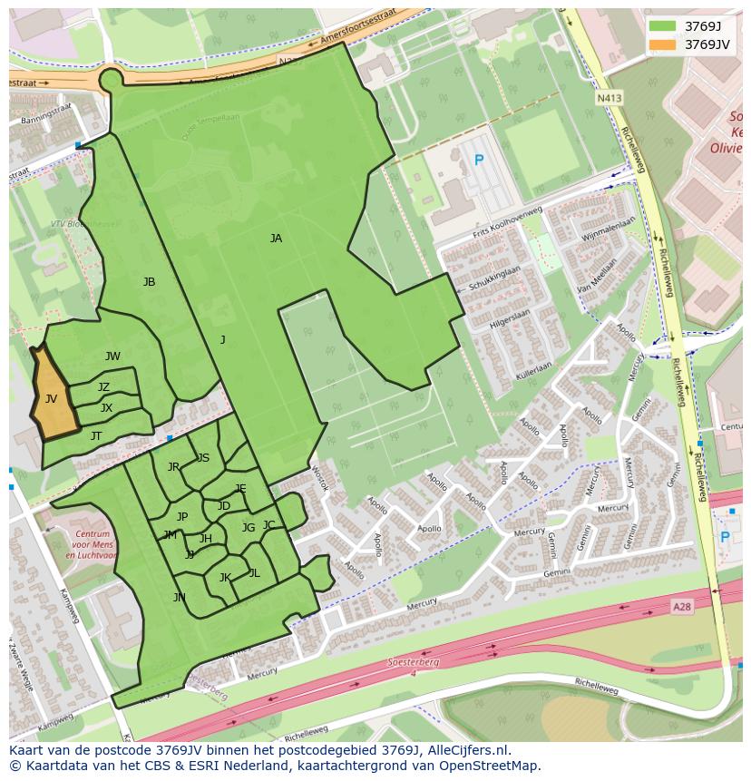 Afbeelding van het postcodegebied 3769 JV op de kaart.