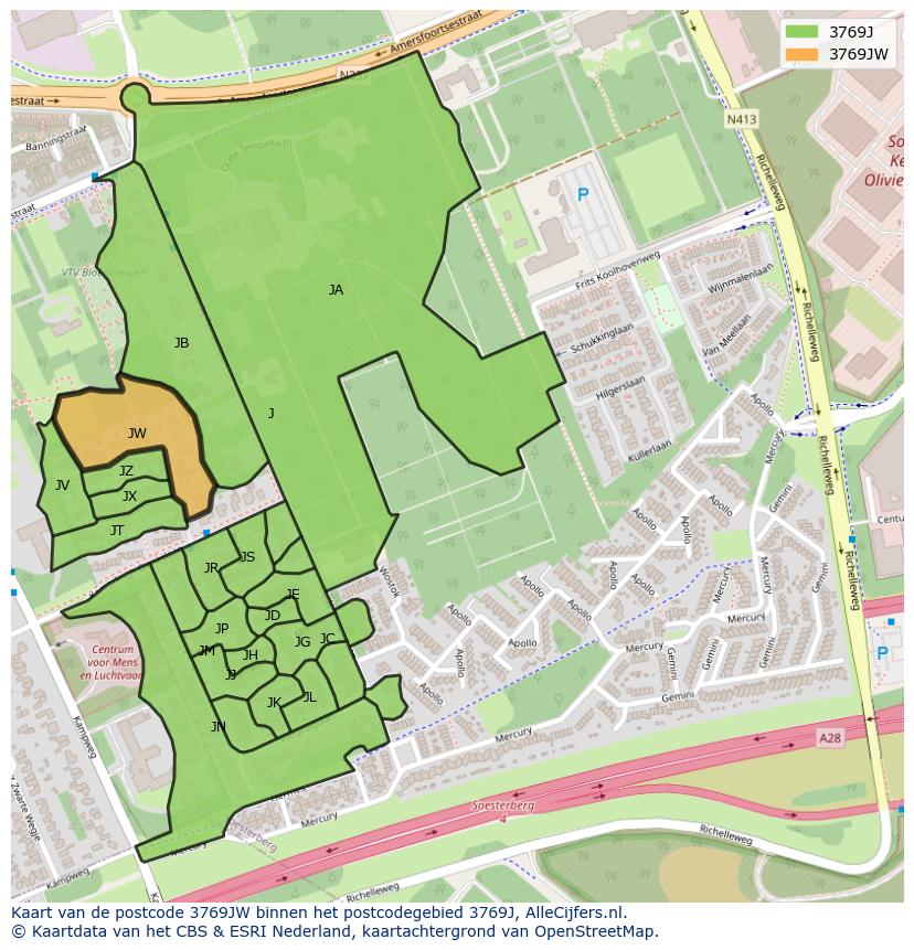 Afbeelding van het postcodegebied 3769 JW op de kaart.