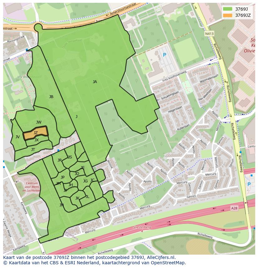 Afbeelding van het postcodegebied 3769 JZ op de kaart.