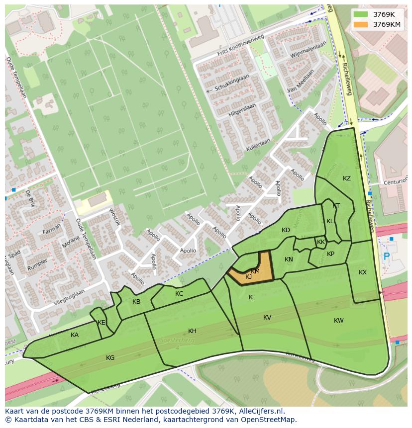 Afbeelding van het postcodegebied 3769 KM op de kaart.