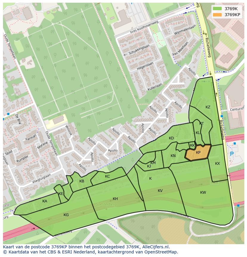 Afbeelding van het postcodegebied 3769 KP op de kaart.
