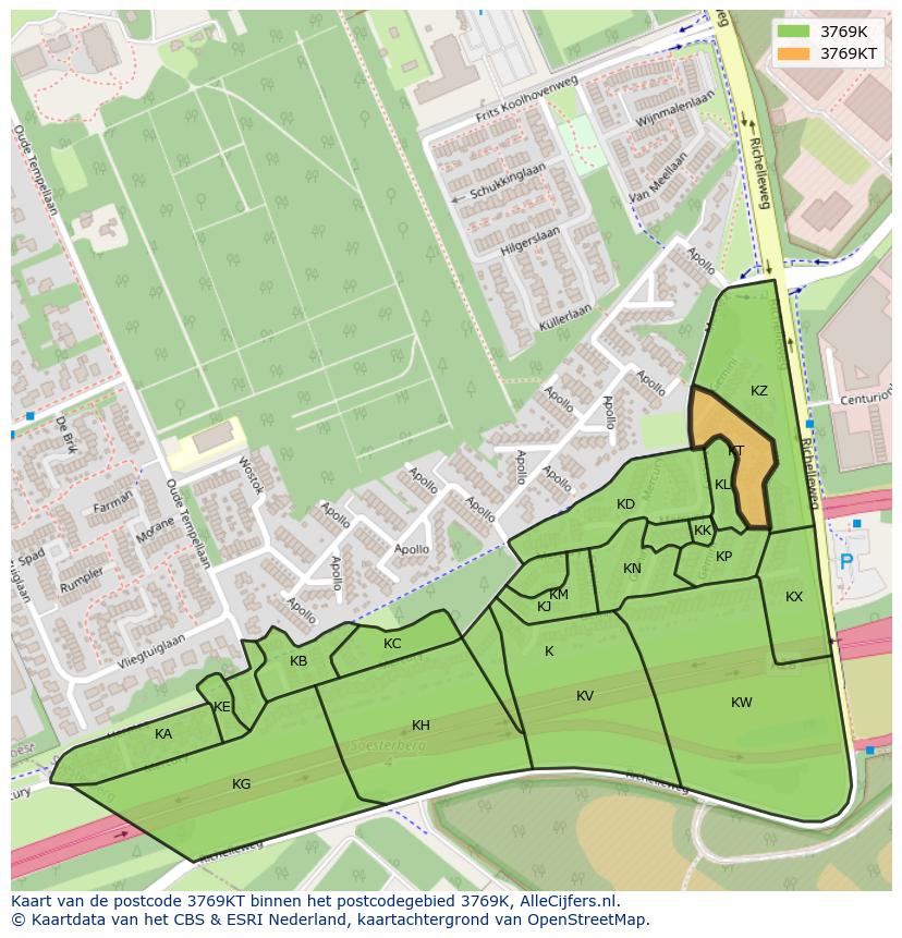 Afbeelding van het postcodegebied 3769 KT op de kaart.