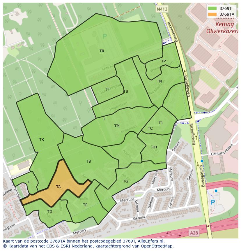 Afbeelding van het postcodegebied 3769 TA op de kaart.