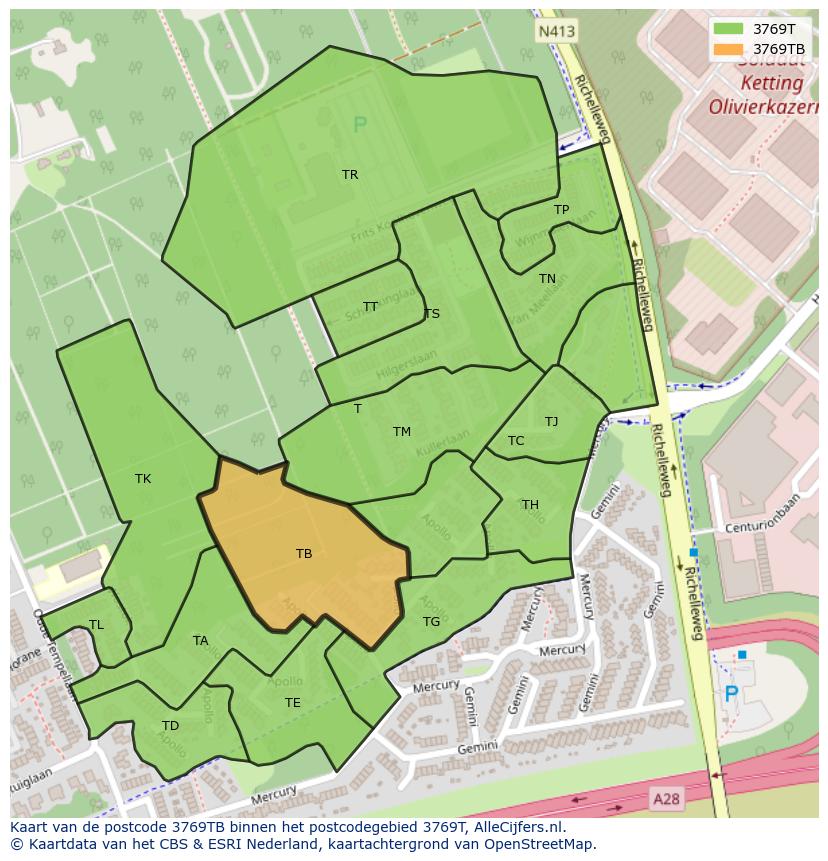 Afbeelding van het postcodegebied 3769 TB op de kaart.