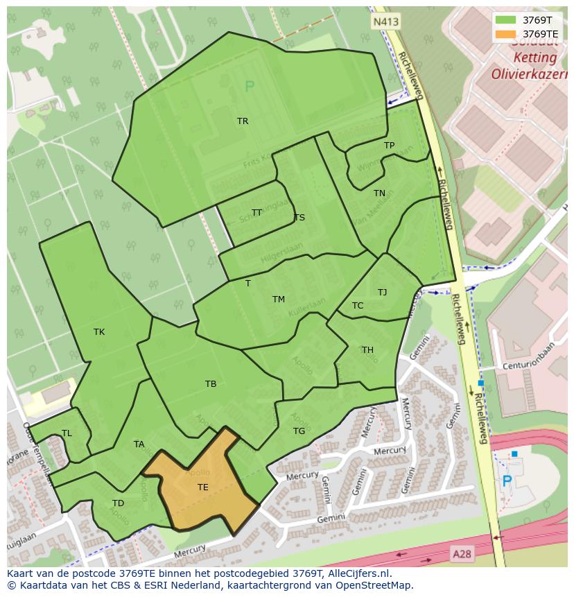 Afbeelding van het postcodegebied 3769 TE op de kaart.