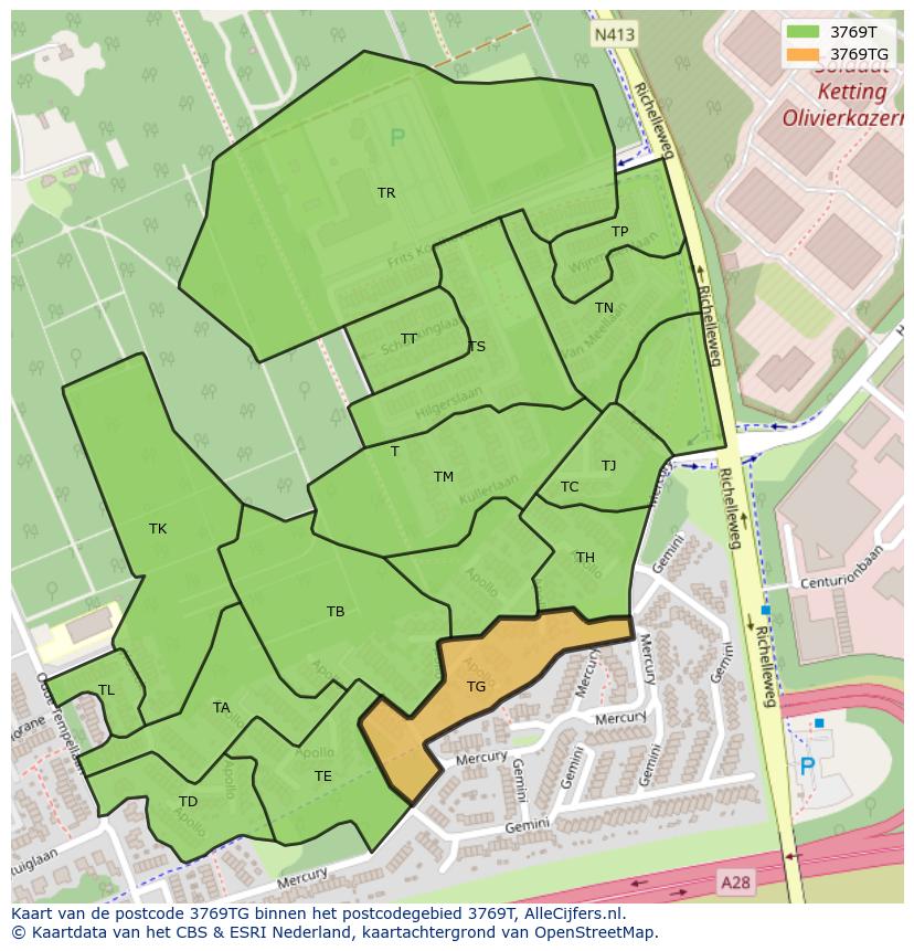 Afbeelding van het postcodegebied 3769 TG op de kaart.