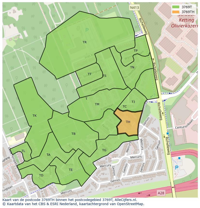 Afbeelding van het postcodegebied 3769 TH op de kaart.