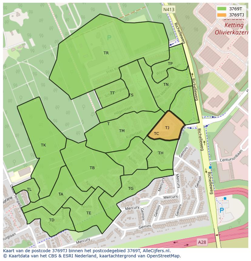 Afbeelding van het postcodegebied 3769 TJ op de kaart.