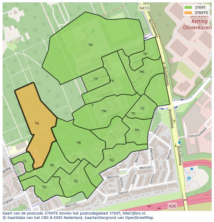 Afbeelding van het postcodegebied 3769 TK op de kaart.