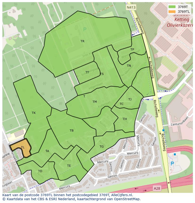Afbeelding van het postcodegebied 3769 TL op de kaart.