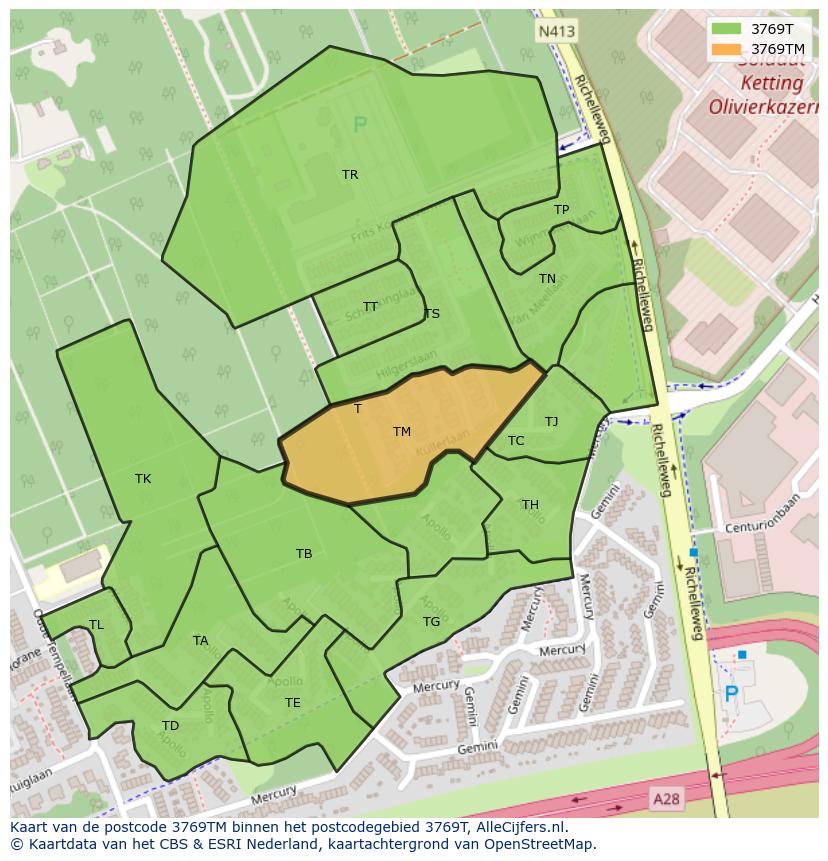 Afbeelding van het postcodegebied 3769 TM op de kaart.