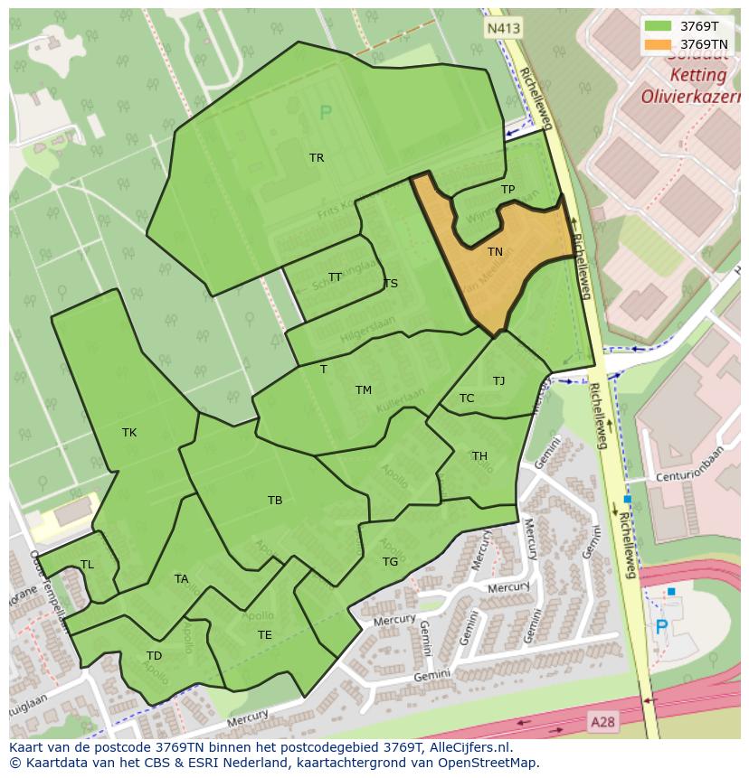Afbeelding van het postcodegebied 3769 TN op de kaart.
