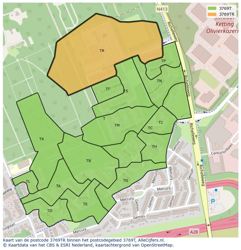 Afbeelding van het postcodegebied 3769 TR op de kaart.
