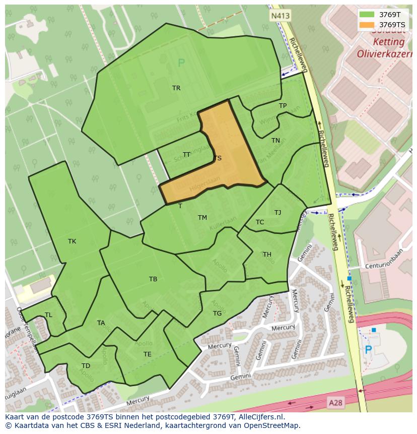 Afbeelding van het postcodegebied 3769 TS op de kaart.