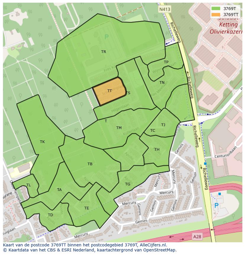 Afbeelding van het postcodegebied 3769 TT op de kaart.