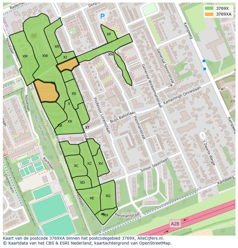 Afbeelding van het postcodegebied 3769 XA op de kaart.