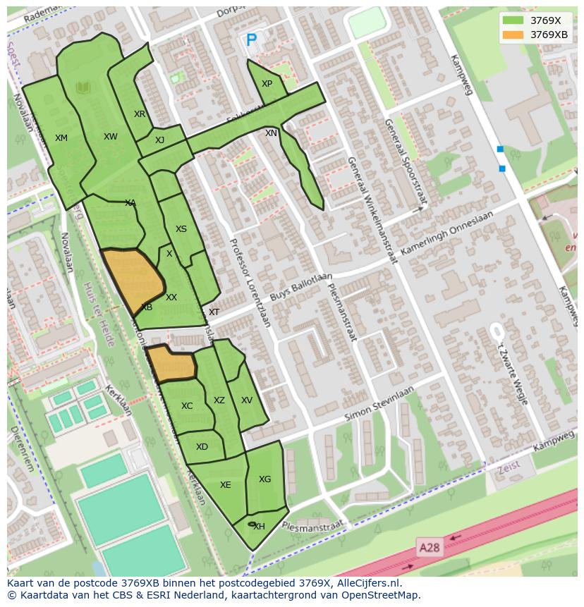 Afbeelding van het postcodegebied 3769 XB op de kaart.
