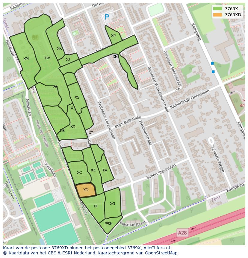 Afbeelding van het postcodegebied 3769 XD op de kaart.