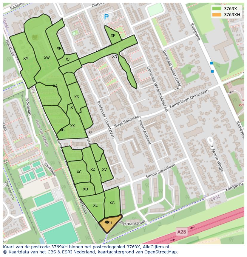 Afbeelding van het postcodegebied 3769 XH op de kaart.