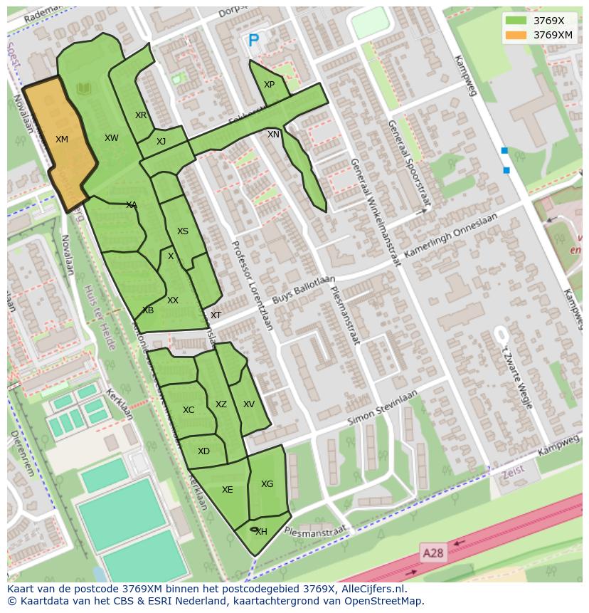 Afbeelding van het postcodegebied 3769 XM op de kaart.