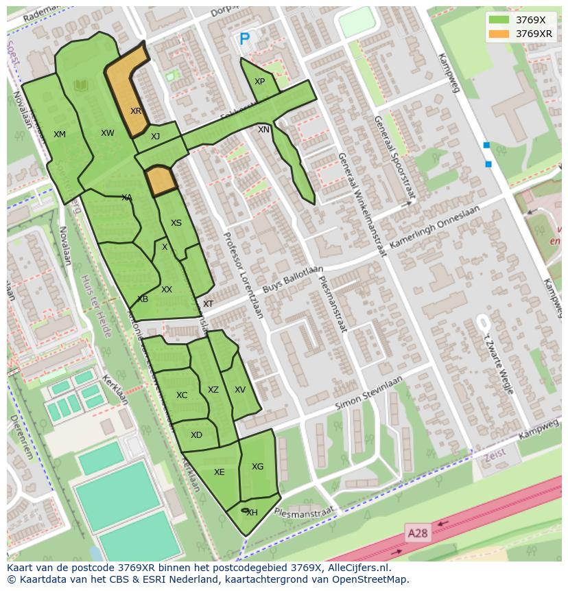 Afbeelding van het postcodegebied 3769 XR op de kaart.