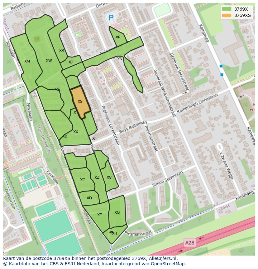 Afbeelding van het postcodegebied 3769 XS op de kaart.