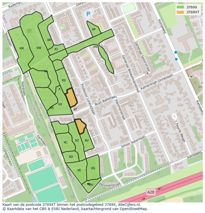 Afbeelding van het postcodegebied 3769 XT op de kaart.