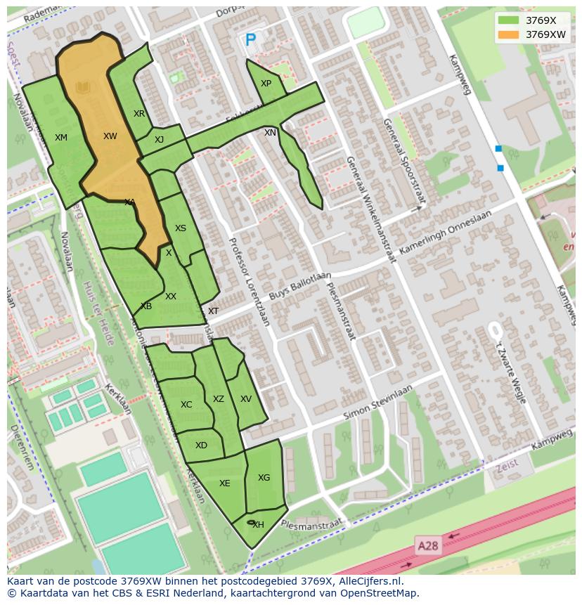 Afbeelding van het postcodegebied 3769 XW op de kaart.