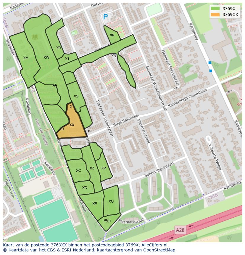 Afbeelding van het postcodegebied 3769 XX op de kaart.