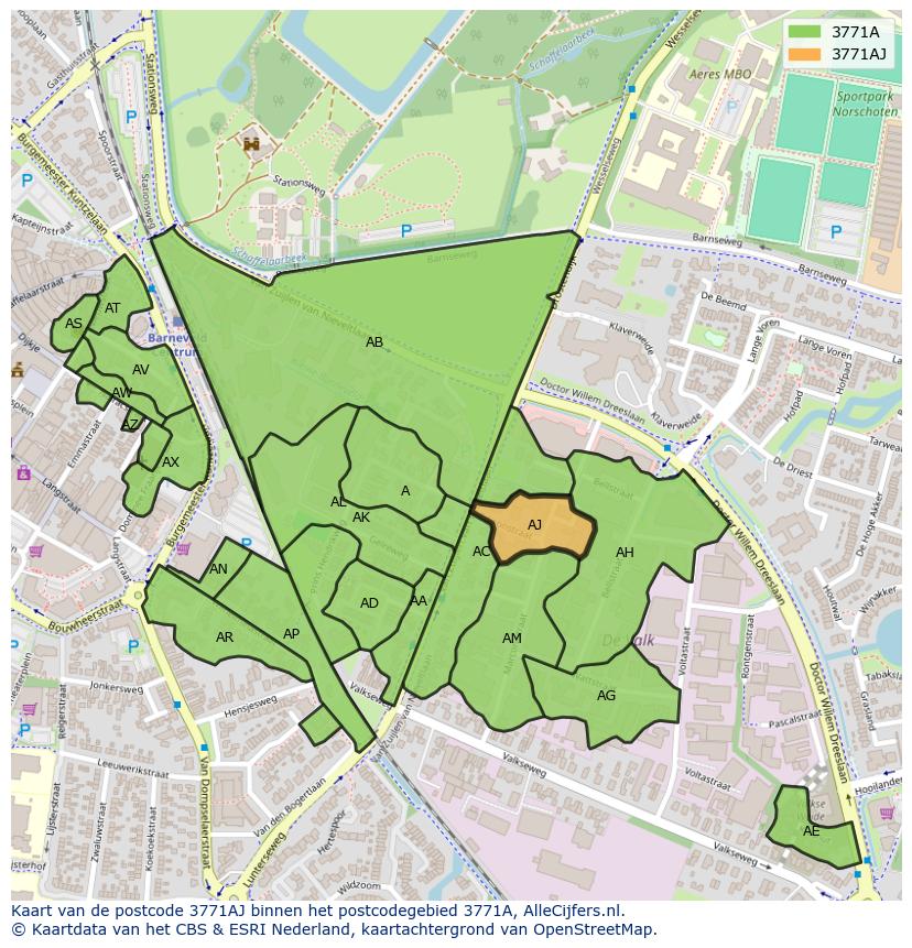 Afbeelding van het postcodegebied 3771 AJ op de kaart.