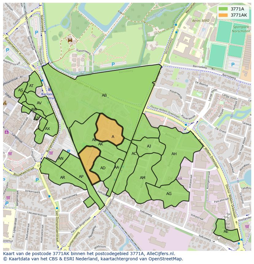 Afbeelding van het postcodegebied 3771 AK op de kaart.