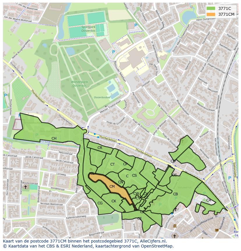 Afbeelding van het postcodegebied 3771 CM op de kaart.
