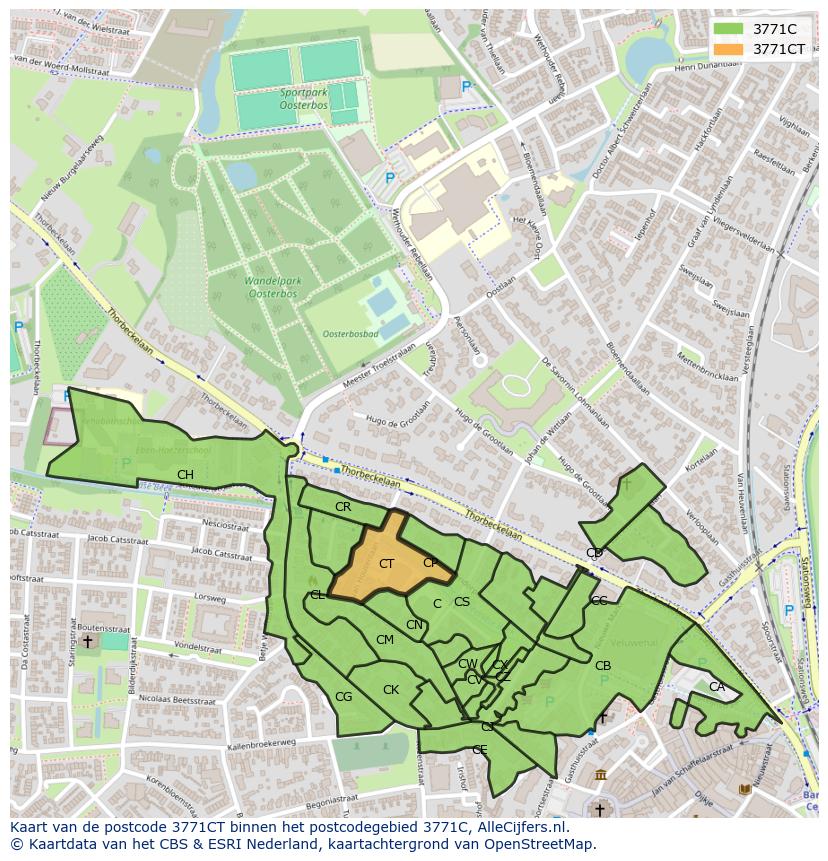 Afbeelding van het postcodegebied 3771 CT op de kaart.