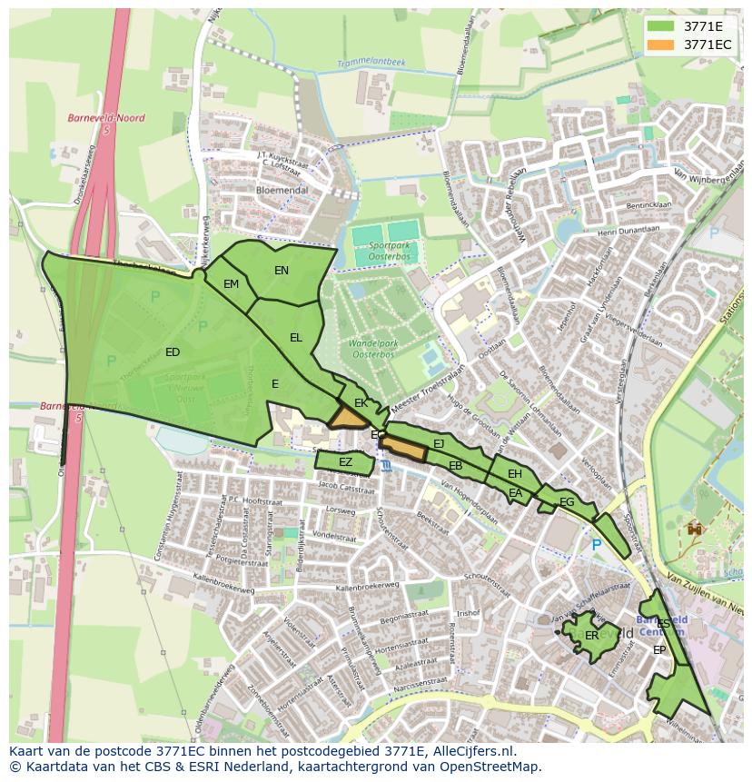 Afbeelding van het postcodegebied 3771 EC op de kaart.