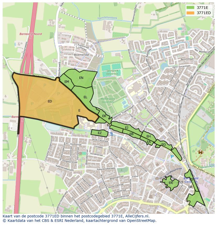 Afbeelding van het postcodegebied 3771 ED op de kaart.