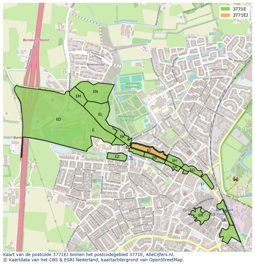 Afbeelding van het postcodegebied 3771 EJ op de kaart.