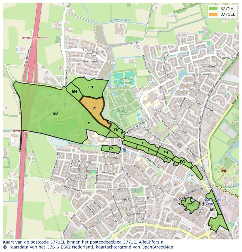 Afbeelding van het postcodegebied 3771 EL op de kaart.
