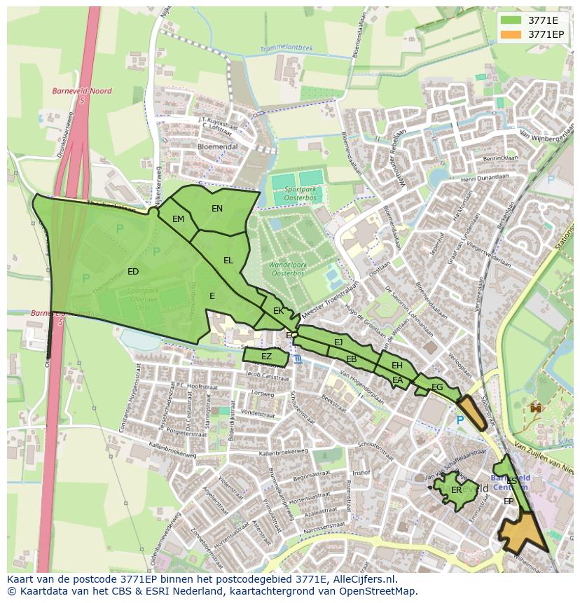 Afbeelding van het postcodegebied 3771 EP op de kaart.