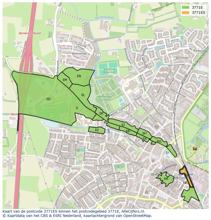 Afbeelding van het postcodegebied 3771 ES op de kaart.