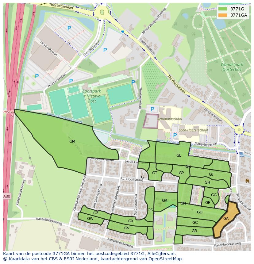 Afbeelding van het postcodegebied 3771 GA op de kaart.
