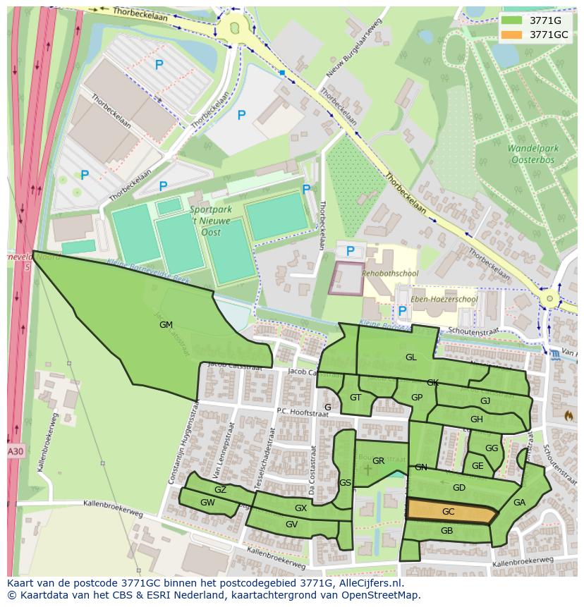 Afbeelding van het postcodegebied 3771 GC op de kaart.